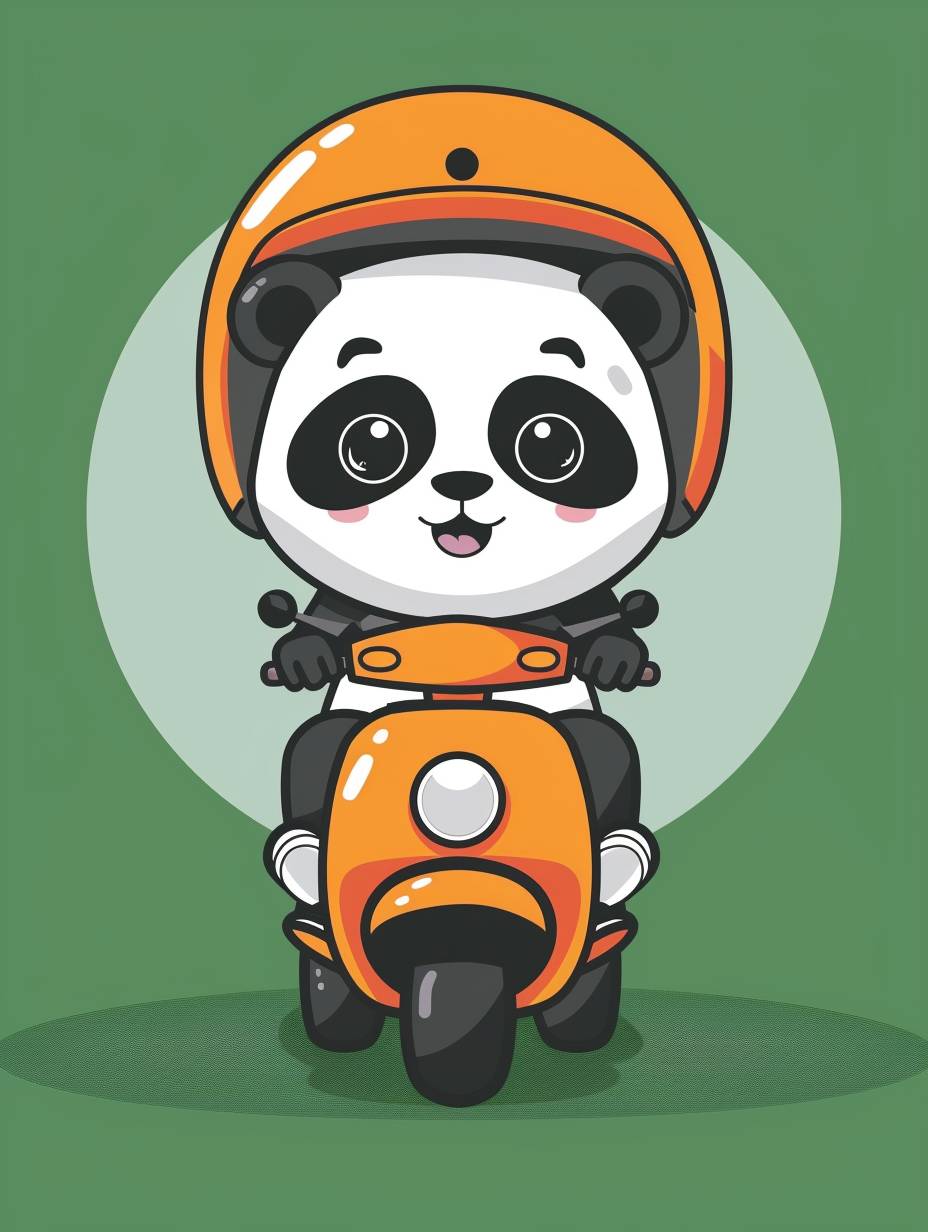 Cute panda riding an electric scooter, wearing a helmet and casual attire, on a green background, in a simple flat vector illustration style with a black outline. There are no shadows, text, or letters in the picture, just simple color blocks. The panda is centered on an isolated white background. The design is inspired by classical Chinese art and has a minimalist style. High definition.