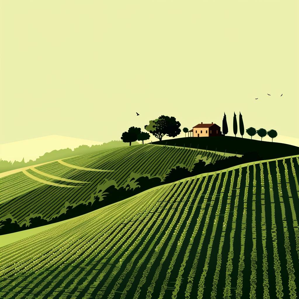 Farm on top of a hill, grass, vineyards, trees, detailed, stylized, sharp angles, style, vector, minimalistic, layered, silhouettes, green, flat colors, details, web design, close-up