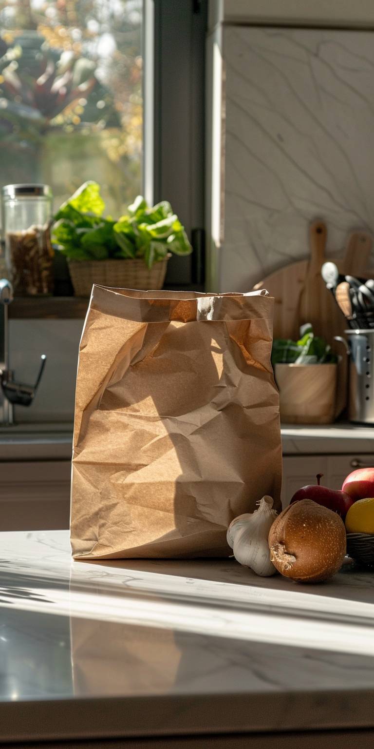Brown rigid wrinkle-free kraft paper bag of groceries on kitchen counter shot in studio. Shot using a Hasselblad camera, ISO 100, Hard shadow, Clean sharp focus