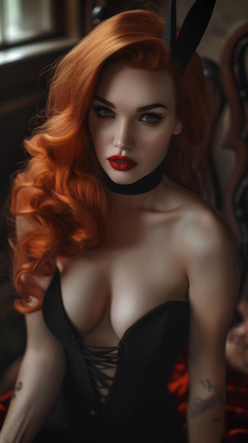 Jessica Rabbit is a beautiful and charismatic girl with an athletic body, gorgeous figure, interesting shapes, full-body shot, dark eye makeup, in the style of Jessica Drossin.
