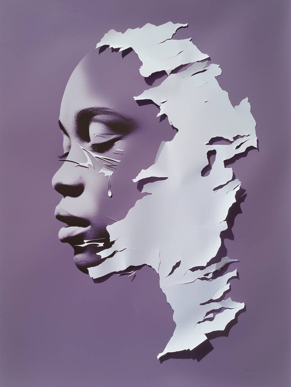 アート作品、紙のように切り抜かれた独特の形状、奇妙なキャラクターを形成する背景に影を落とす、紫色の背景、極大主義