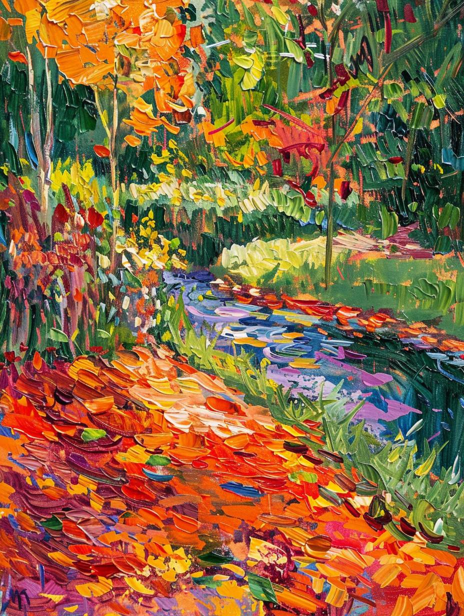 クロード・モネ風の前衛的な庭の絵、秋の風景、太い筆使い、鮮やかな色、緑の草と木々、オレンジの葉で覆われた赤い地面、ぼやけたエッジと渦、水面の光の反射、明るい日差し、印象派スタイル、印象派アートムーブメント、美しくカラフルです。