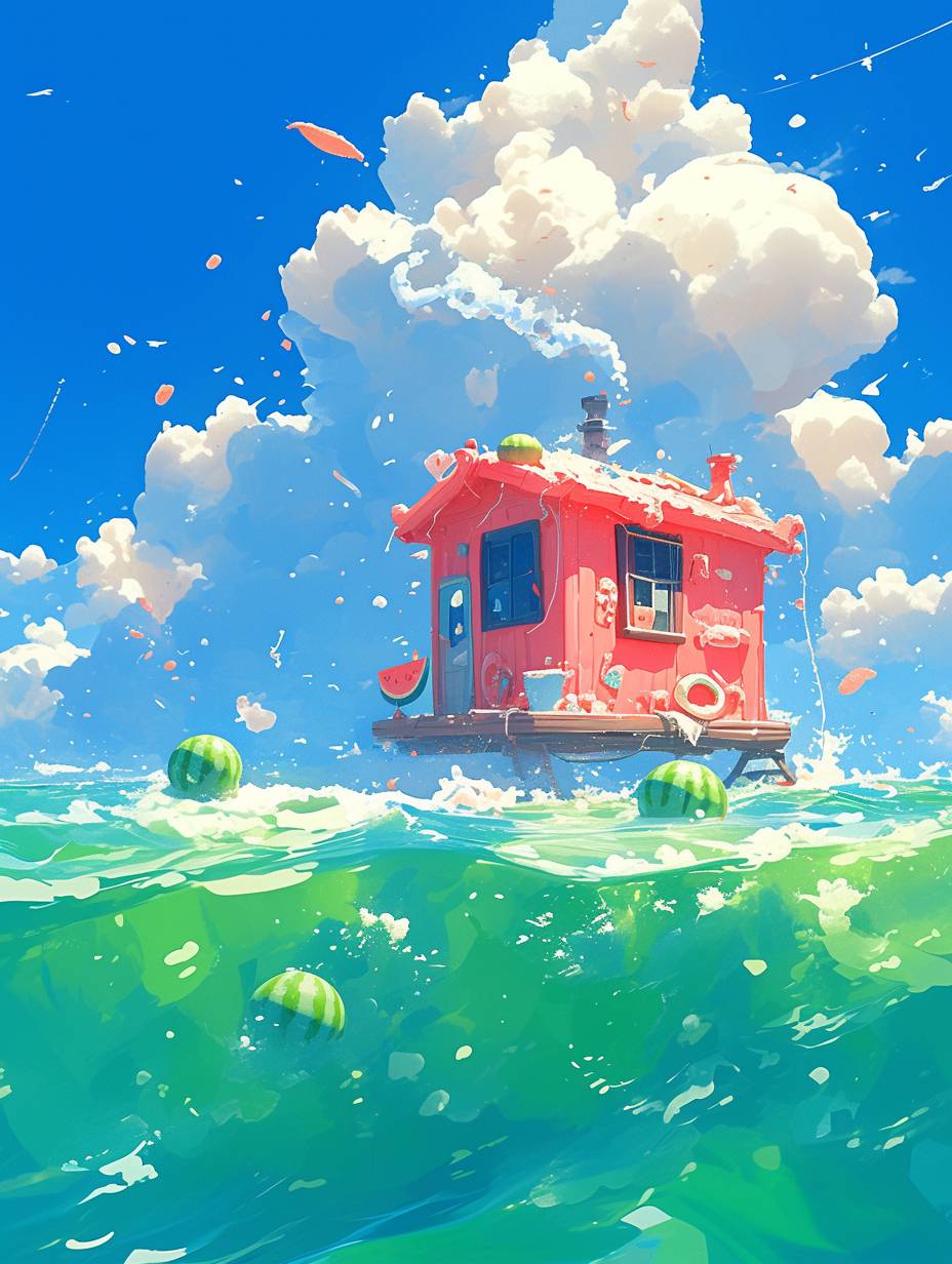 海に浮かぶスイカの家の3Dイラスト、青い空と白い雲、かわいいカートゥーンデザイン、周りに散らばるスイカ、ファンタジーランドスケープの背景、アジアの絵画スタイル、ピクサースタイル、ソフトシェーディング、感情的なカラーフィールド、ミニマリストスタイル、空想の風景、赤と黄色、ラブコアスタイル、優雅な筆触