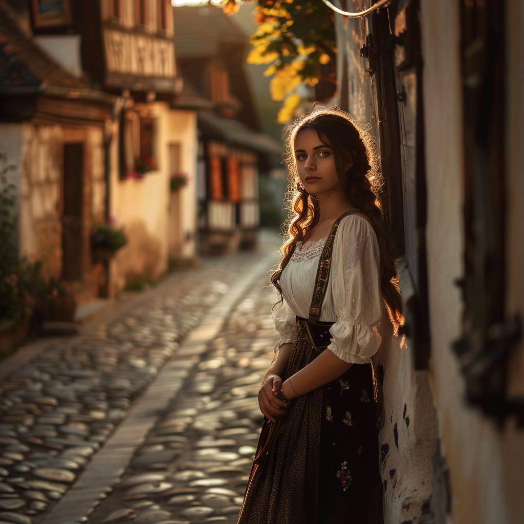 Portrait photography of a woman in traditional dress, located in a historic village, during mid-morning, with magical light, shot at eye level, creating a dreamy atmosphere with cobblestone streets, old buildings, soft colors, and an ethereal mood