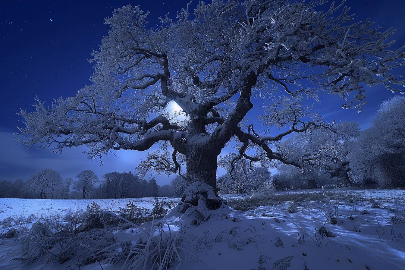 The ancient oak in 'Flickering Frost', frozen in time, captured by the moonlight white raw, untamed, and sapphire unyielding force of a cold, icy blizzard