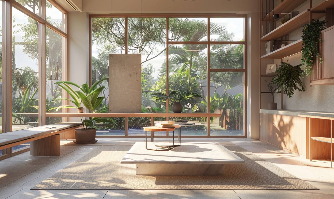Interior Design, a perspective of study, modernist, large windows with abundant natural light, light colors, plants, modern furniture, modern interior design