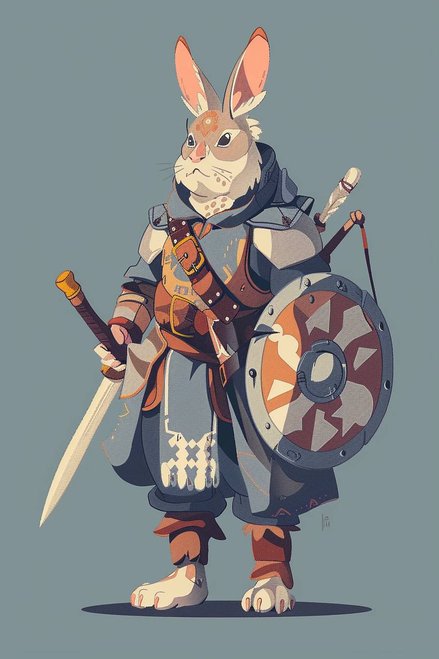 In the style of Beatrix Potter, warrior character, full body, flat color illustration