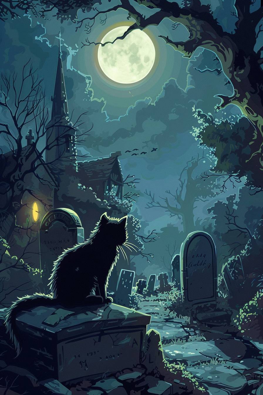 カートゥーン、猫が夜の墓地で墓の上に座っている--ar 2:3 --v 6.0