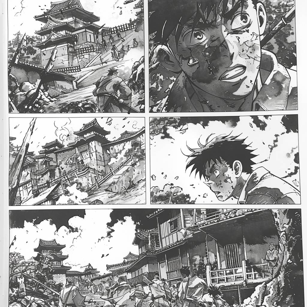 少年ジャンプの漫画ページのスキャンで、パネルには[キャラクターの説明と色の要素]が描かれており、モノクロのビンテージ日本の漫画です。