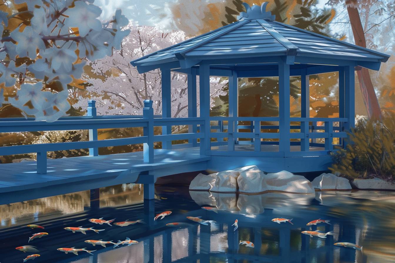 鯉の池、伝統的な茶室、咲き乱れる桜のある静かな日本庭園