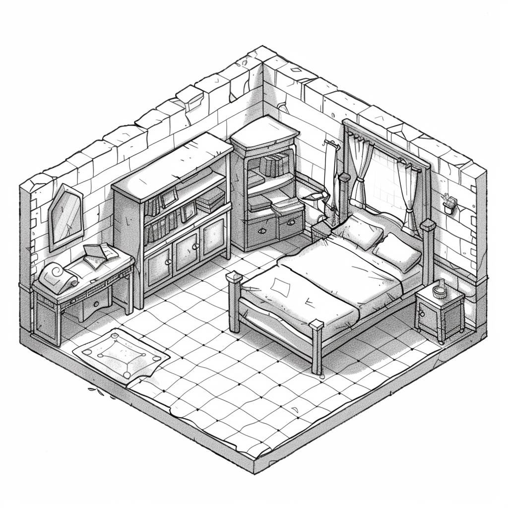 Black and white line art of an isometric room in the style of RPG maker, [description] with glowing [color element], simple design, white background, white [floor description]