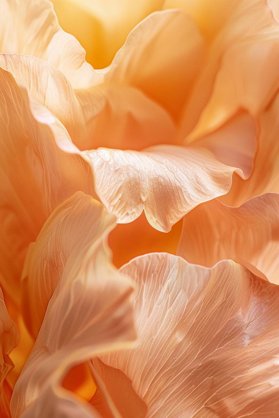 Closeup of petal material, soft peach pantone color background, semitransparent, translucent petals with subtle yellow accents, blurred edges, macro photography style, Nikon D850 used for high-resolution details and texture, focusing on the delicate textures of flower petals.