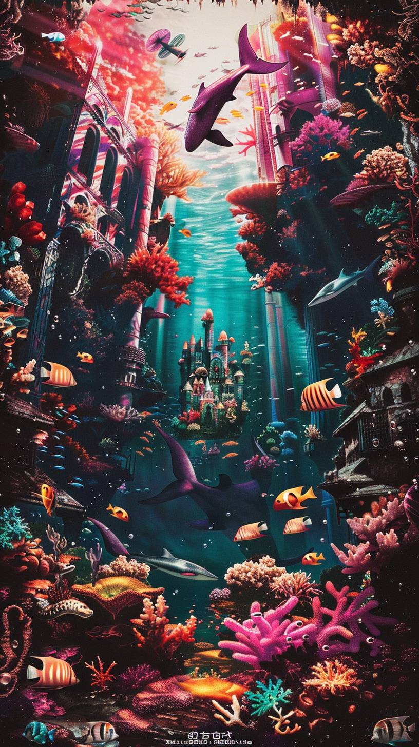 ファンタジーの水中都市、人魚の住民、色とりどりのサンゴ構造物、様々な海の生物、水の中に差し込む太陽光