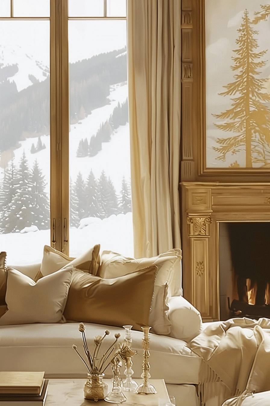 A cozy living room with a fireplace, decorated with warm earth tones and soft cushions. A large window overlooks a snowy landscape, with pine trees and a distant mountain range. The style is cozy and inviting, with a focus on comfort and relaxation. The scene is portrayed in the medium of oil painting.