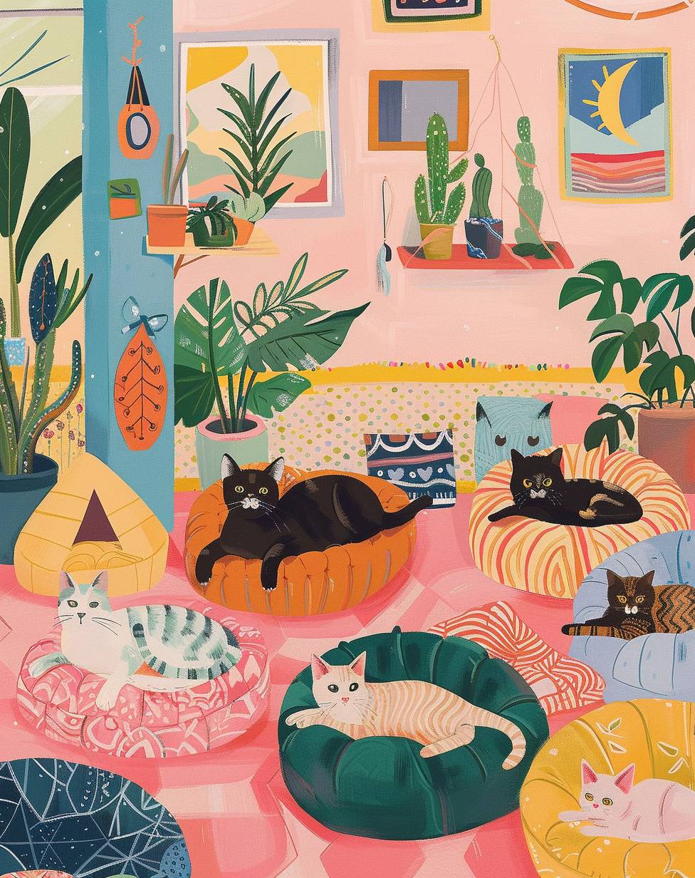 様々な猫ベッドでくつろぐ猫の whimsical（不思議な）なイラストがあり、カラフルな壁画や植物が遊び心のある雰囲気を高めています。 バックグラウンドには、ヴィンテージ風のアートが飾られたパステルカラーの壁が特徴です。