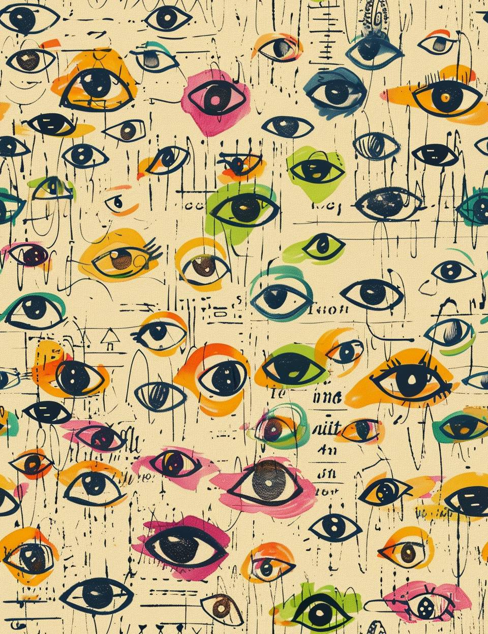 A doodle sketch of a cartoonish little eyes pattern on a texturized wallpaper background simulating junk journal ephemera paper. Feature a playful color scheme of beige, bubblegum pink, lime green, electric blue, and bright orange. The style is characterized by spontaneous, whimsical, thin black outline, with a highlight-focused lighting. Circus fun inspired.