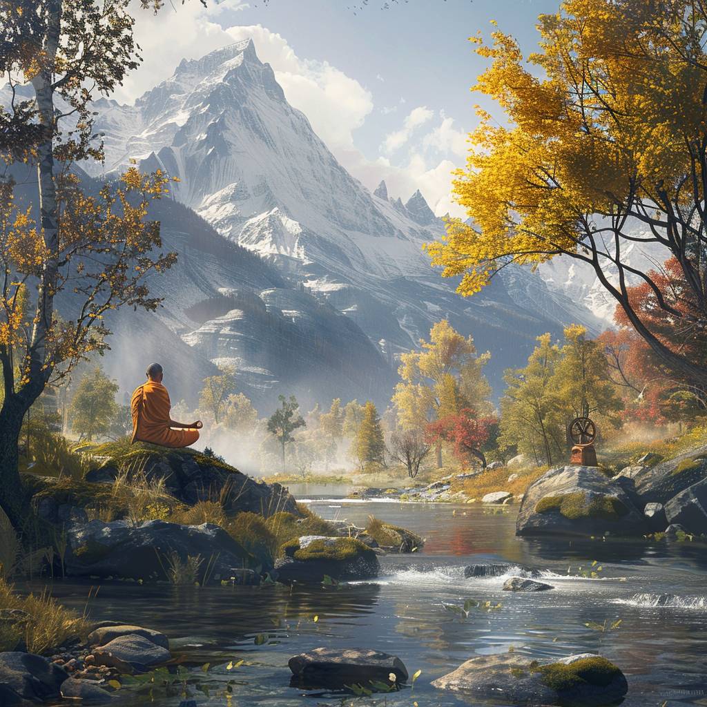 Monk in saffron robes, meditating by a river. Serene expression. Barefoot. Himalayan foothills. Early morning. Snow-capped peaks, a prayer wheel spinning nearby. Medium shot, full body. Soft lighting, sun rays filtering through the trees. Tranquil ambiance.