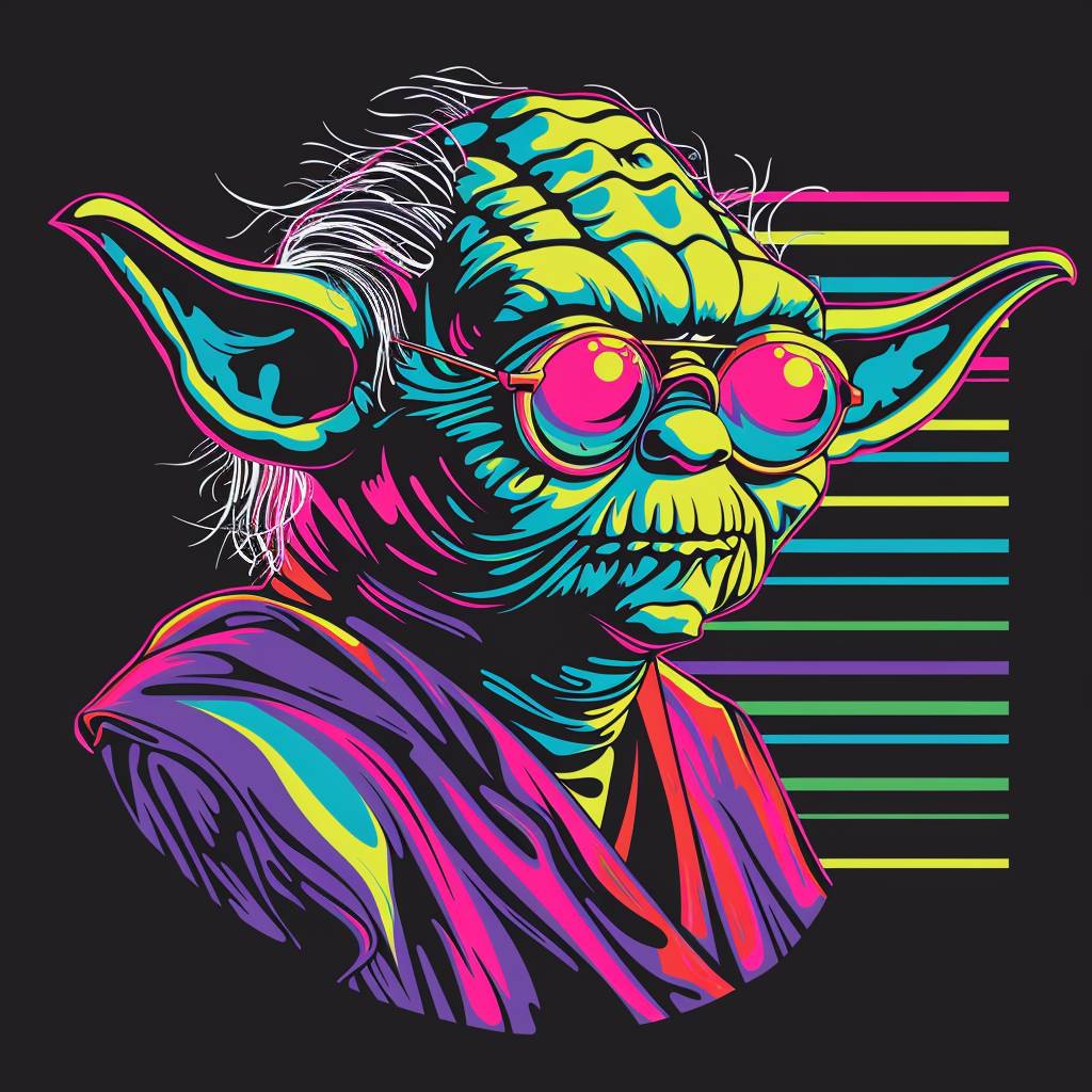T-shirt vector, screen printed, Yoda graphic, synthwave, vivid colors, detailed
