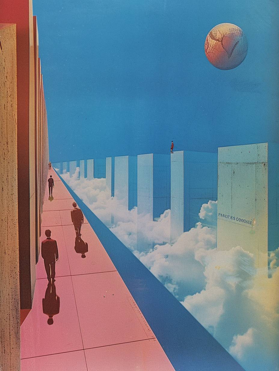 1980s minimal magazine ad of world through words, people are everywhere, but wandering through an everchanging space, minimalist vintage, post modern, intense, powerful, album cover, designed by Storm Thorgerson and taken by Peter Blake, in the style of minimalist cartooning, colorful moebius | 1980s | shot on a fujifilm natura 1600 35 mm handheld camera. The image should be in 640i resolution, emulating that standard quality of that era.