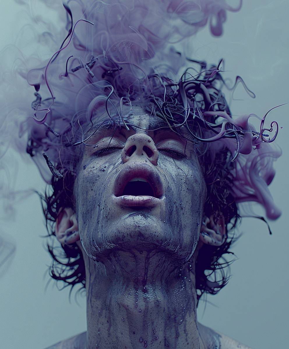 A man with his mouth open as wide as possible, he has a massive amount of burning cigarettes in his mouth. The man's eyes are full of pain, his hair is standing straight up, his face is all purple, sweat drops on his forehead. There is a surreal atmosphere with a cinematic view and a grey background. This photo won the National Geographic photo contest with the title "Chaos 10", aspect ratio 5:6, raw style, stylized with 500 units, version 6.0.