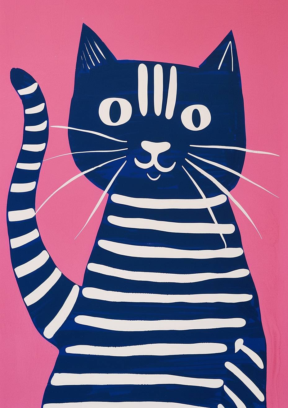 A minimalistic painting of a cat with stripes in blue and white on a pink background, in the style of Henri Matisse. The simple design is detailed enough to be interesting. It features bold outlines that highlight the form's contours. The cat holds its tail in one hand, which has stripes similar to those seen on its body. A sense of movement or action appears as if it could jump at any moment. Simple shapes are used.
