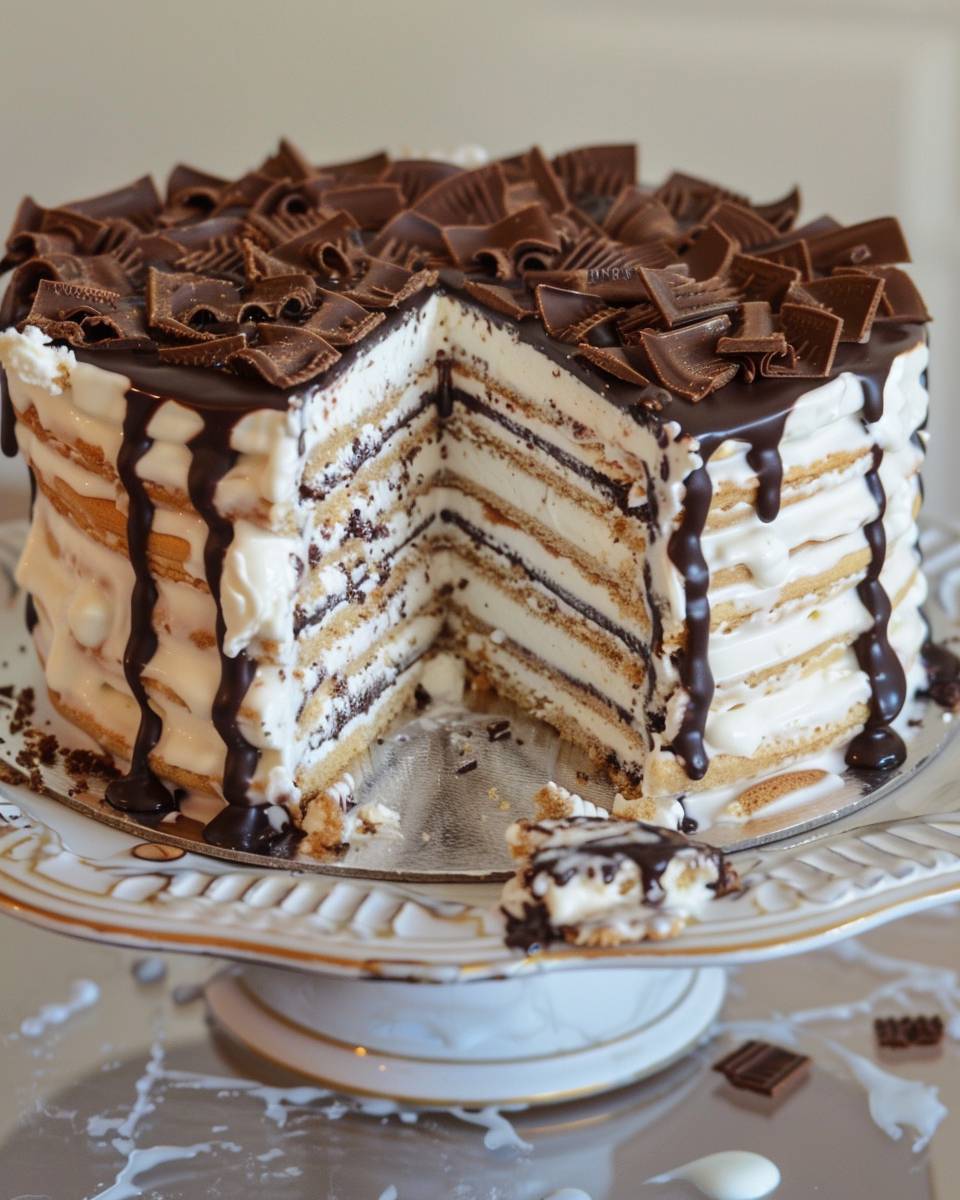 Recipe Name: Ice Cream Sandwich Cake, Amateur photo from pinterest, STYLE: wide Shot Side view, TIME: Daytime, melting & dripping & Sticky, V6 --ar 4:5 --v 6.0