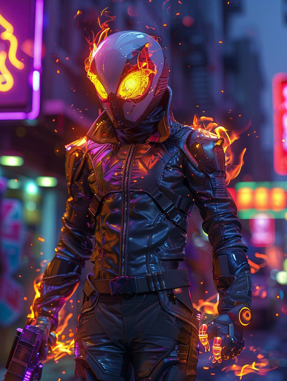 G.Validus from Ghost Rider in the style of an Overwatch character design, holding purple and yellow flame guns with orange flames, wearing black pants, white helmet with red fire on top, grey vest with blue details, purple shirt with pink and green patterns, standing pose on a futuristic city street background, colorful graffiti wall behind him, 3D cartoon game scene, vibrant colors, high resolution