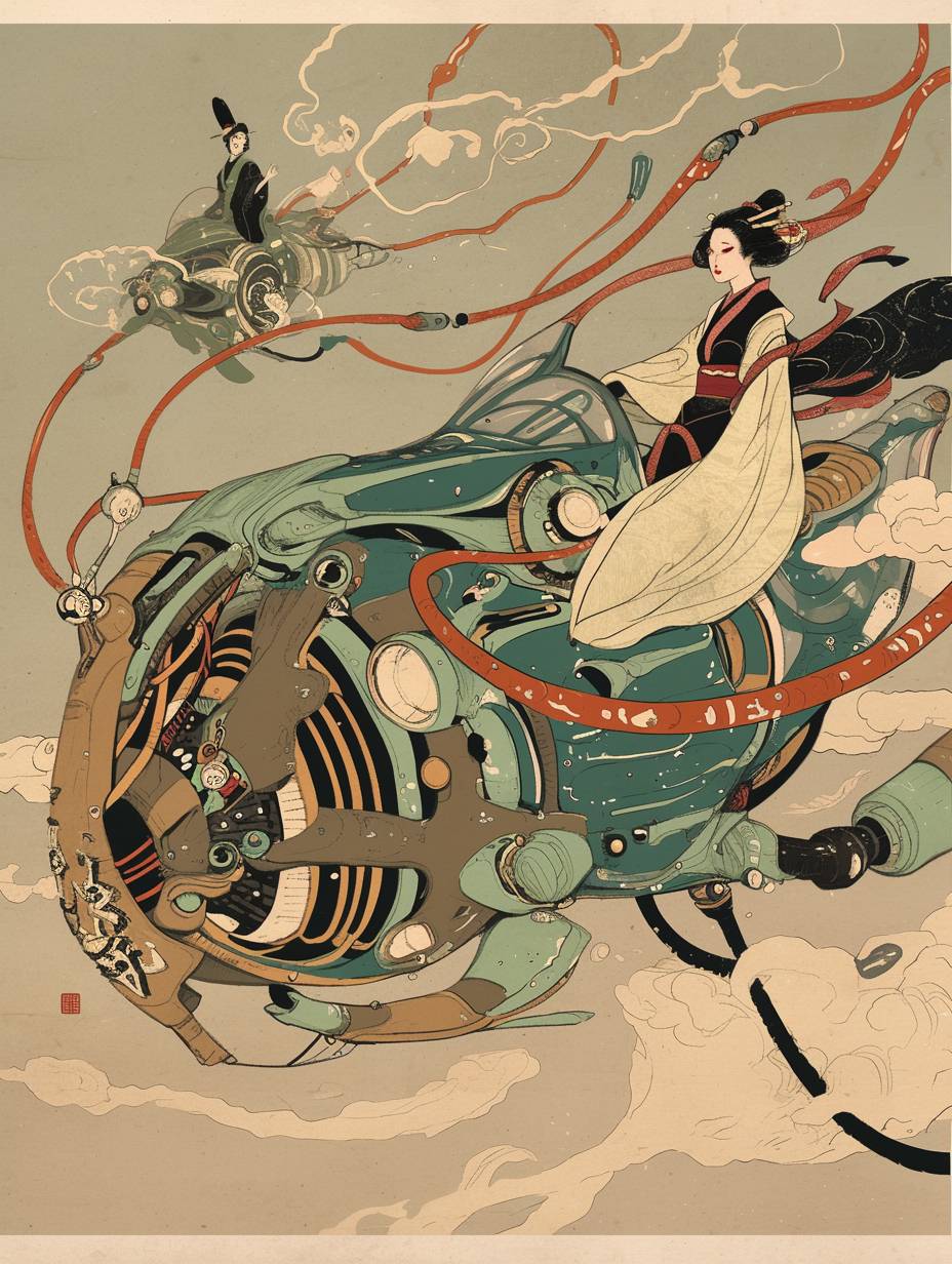 Ukiyo-e, retrofuturism, traditional Japanese, Edo, futuristic, woodblock print, retro technology