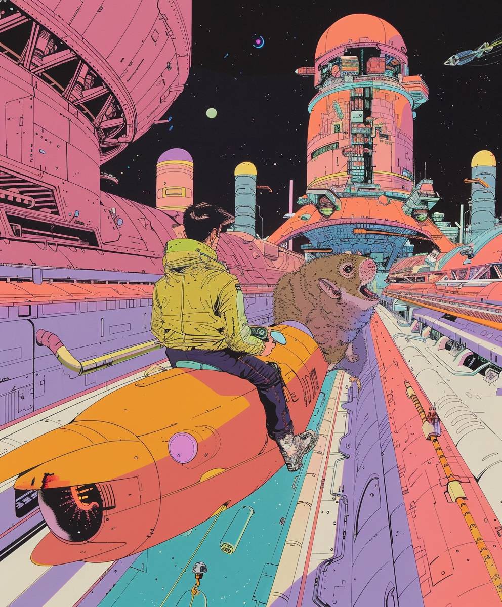 宇宙ステーションの中で、ジャン・ジロード・メビウスとモー・ウィレムスのスタイルで、過大なハムスターの背中を乗る男性。カラーパレットには紫、黄、青、白、赤、オレンジ、緑、ピンク、黒が含まれています。