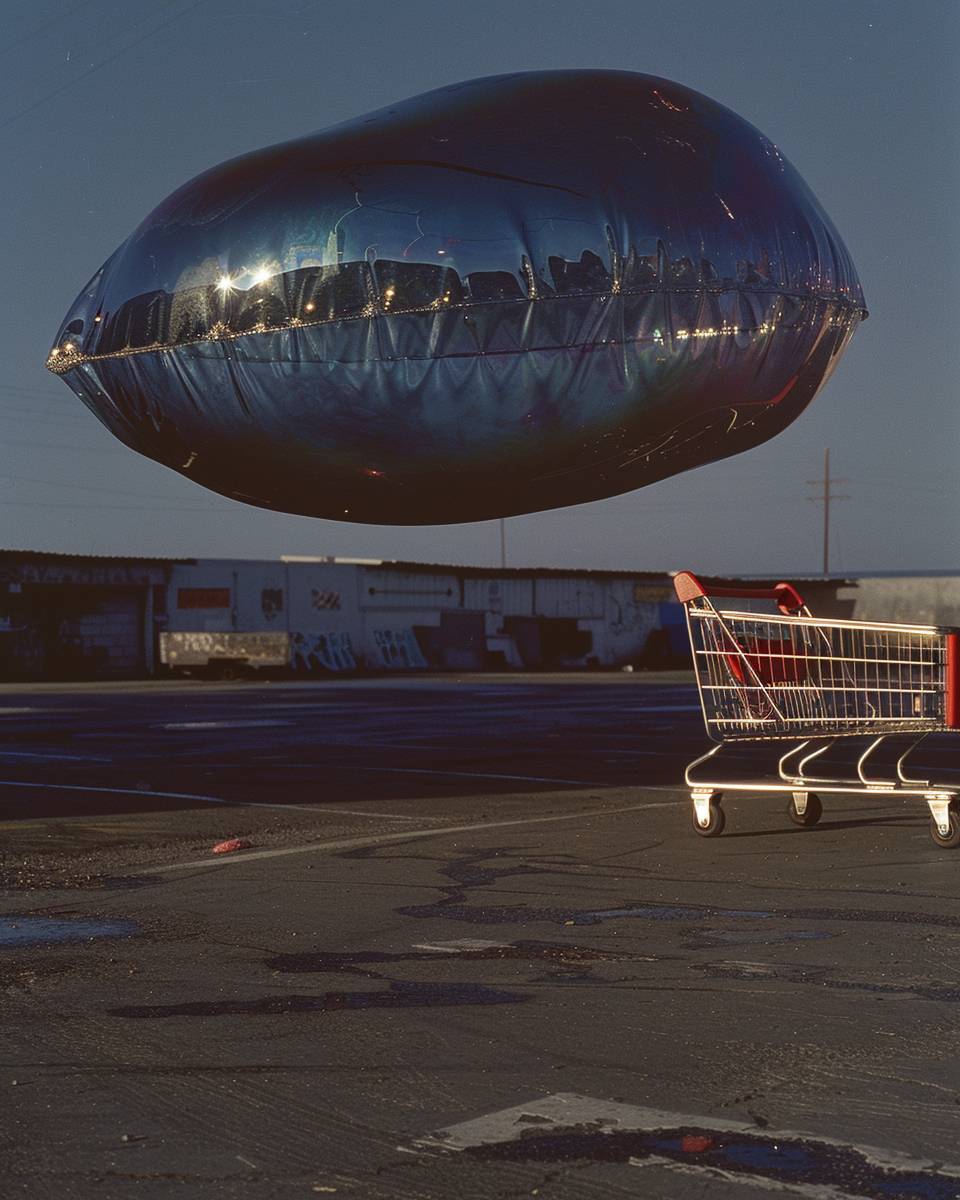 A large iridescent and heterogeneous soap bubble floating through a parking lot above an abandoned red shopping cart, sparkling and glistening in the sun. The bubble is reflecting the world around it as it glistens.