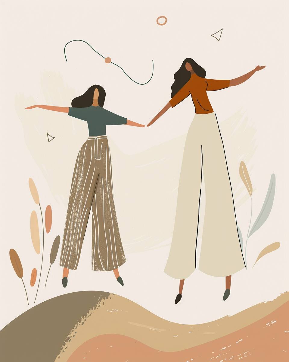 Two women with spreading and welcoming arms standing on the mild hill, representing friendship and solidarity, full body, dressed in wide pants, a little abstract shapes floating around, 2D corporate minimal, corporate flat, outlined, monochromatic, textured illustration --no background, gradients --ar 4:5  --v 6.0