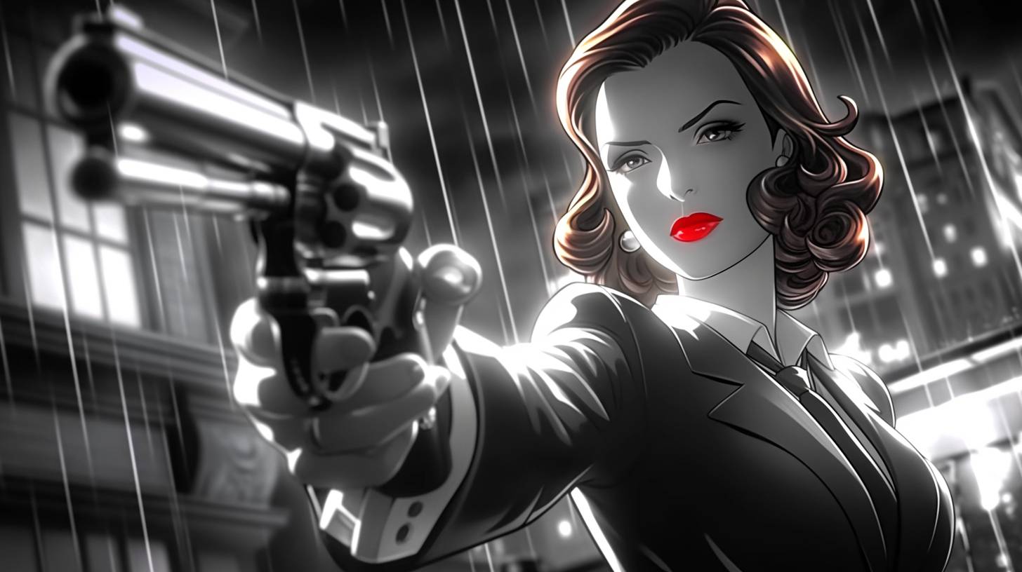 フランク・ミラーの『シン・シティ』スタイルを思わせるコミックノワール美学を持つ白黒映画の静止画、赤い唇の女性が雨の中で銃を持って、フィルム・ノワールの雰囲気、高いコントラスト、輝く目、魅惑的な視線
