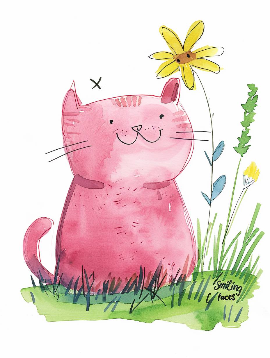 A cute pink cat with a yellow flower on its head, a chubby body, a simple doodle, a cartoon character in the style of L Round with a minimalist illustrator style, a playful and cheerful illustration, using an ink wash technique, bold lines, a clean white background, a colorful Moebius, using watercolor techniques to create a happy face, a fat body with a big belly, standing in a grassy field, isolated, text 'smiling faces' on the bottom of its body, isolated.