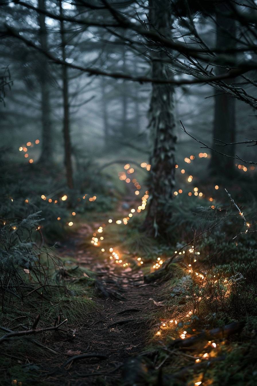 In the style of Beatrix Potter, fairy lights leading the way through a dark forest