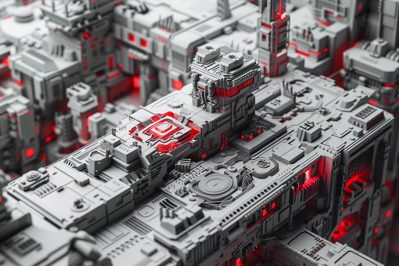 The dystopian rebel, navigating this ash grey labyrinthine city, where each building reflects a rebellion red multitude of realities, challenging the very concept of space and time.