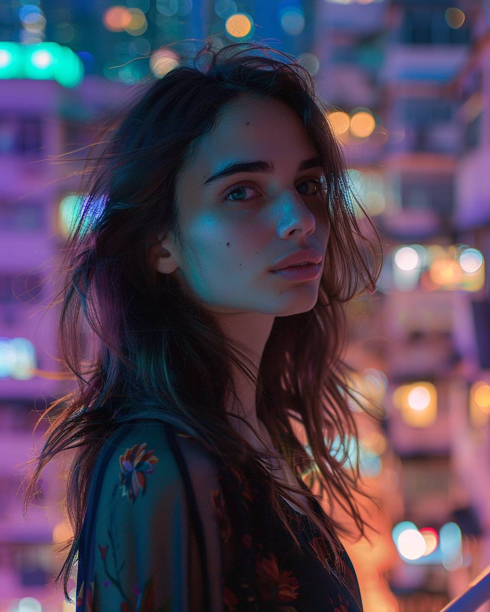 Dystopian atmosphere photo of a woman standing on a balcony on the top floor in Hong Kong, possessed gaze, vibrant bright spots in buildings