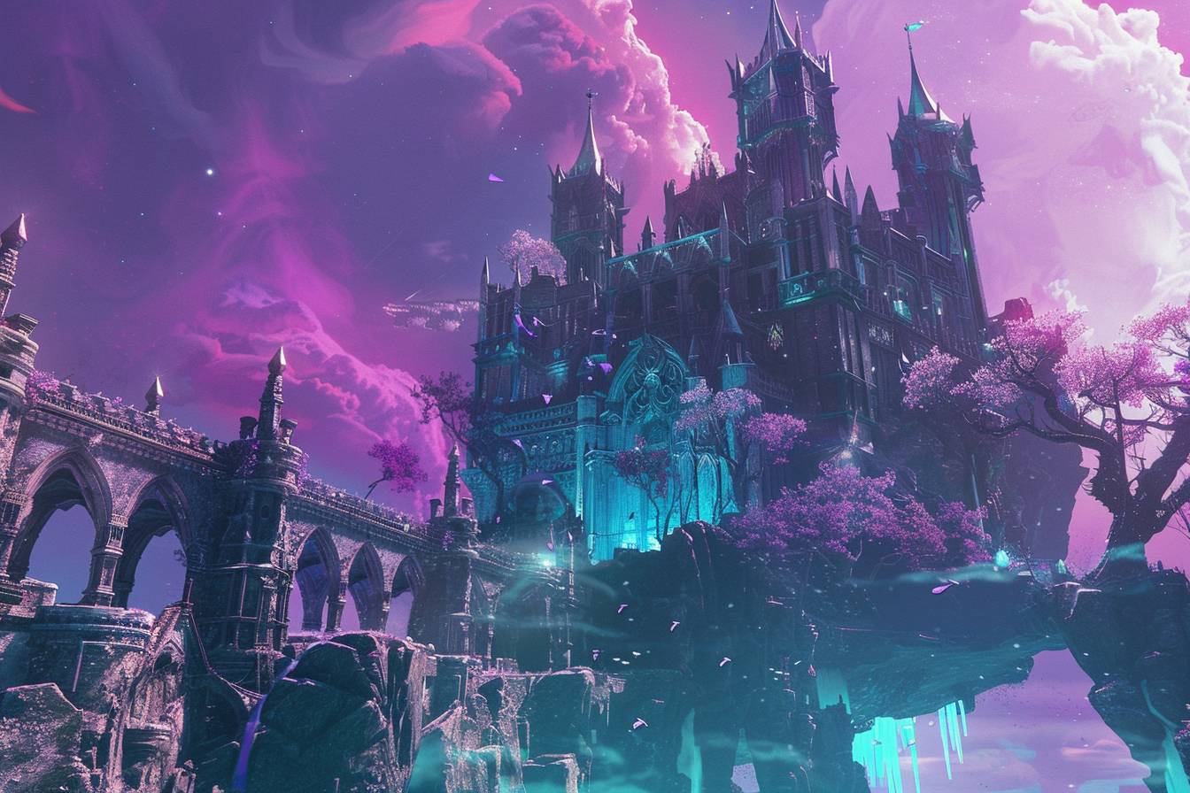 Embark on an adventure through an ancient floating castle in High Fantasy Kingdoms, where the royal violet melds with the mystical teal, creating a scene of epic tales and legendary quests.