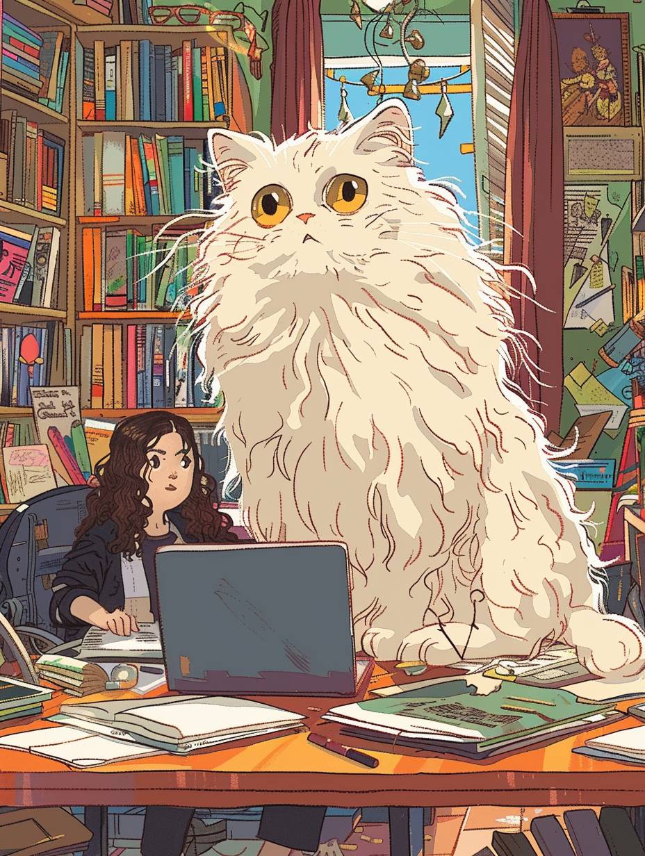 A cute fluffy cat sitting on the desk of an office, with big yellow eyes and long eyelashes, next to her sits a young girl in a black pants suit with curly hair holding a laptop. The style is colorful Japanese manga, a messy room full of books, graffiti on the wall, ink drawing, flat comic sketch, graphic novel style, storybook illustration, detailed character illustrations, bright colors.