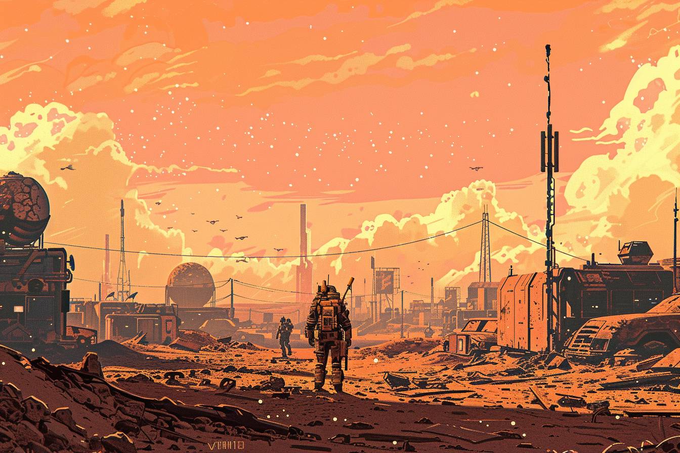 Wasteland, sci-fi art, in style of Laurie Greasley