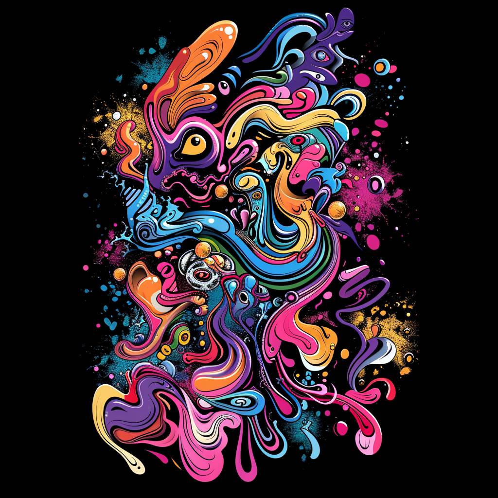 A vector design for a t-shirt, with a black background featuring elements of [element description] in the style of hyper-detailed illustrations with a colorful, cartoonish style in high resolution using [color1 and color2] colors and hard edge lines, along with swirling details and high contrast --v 6.0