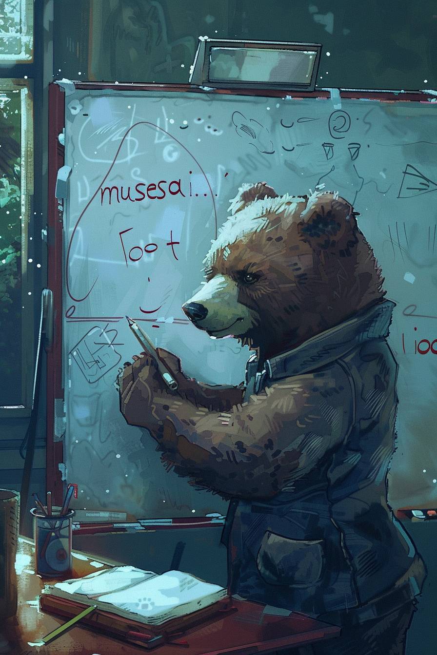 ホワイトボードに書かれた教師熊:「musesai.io」