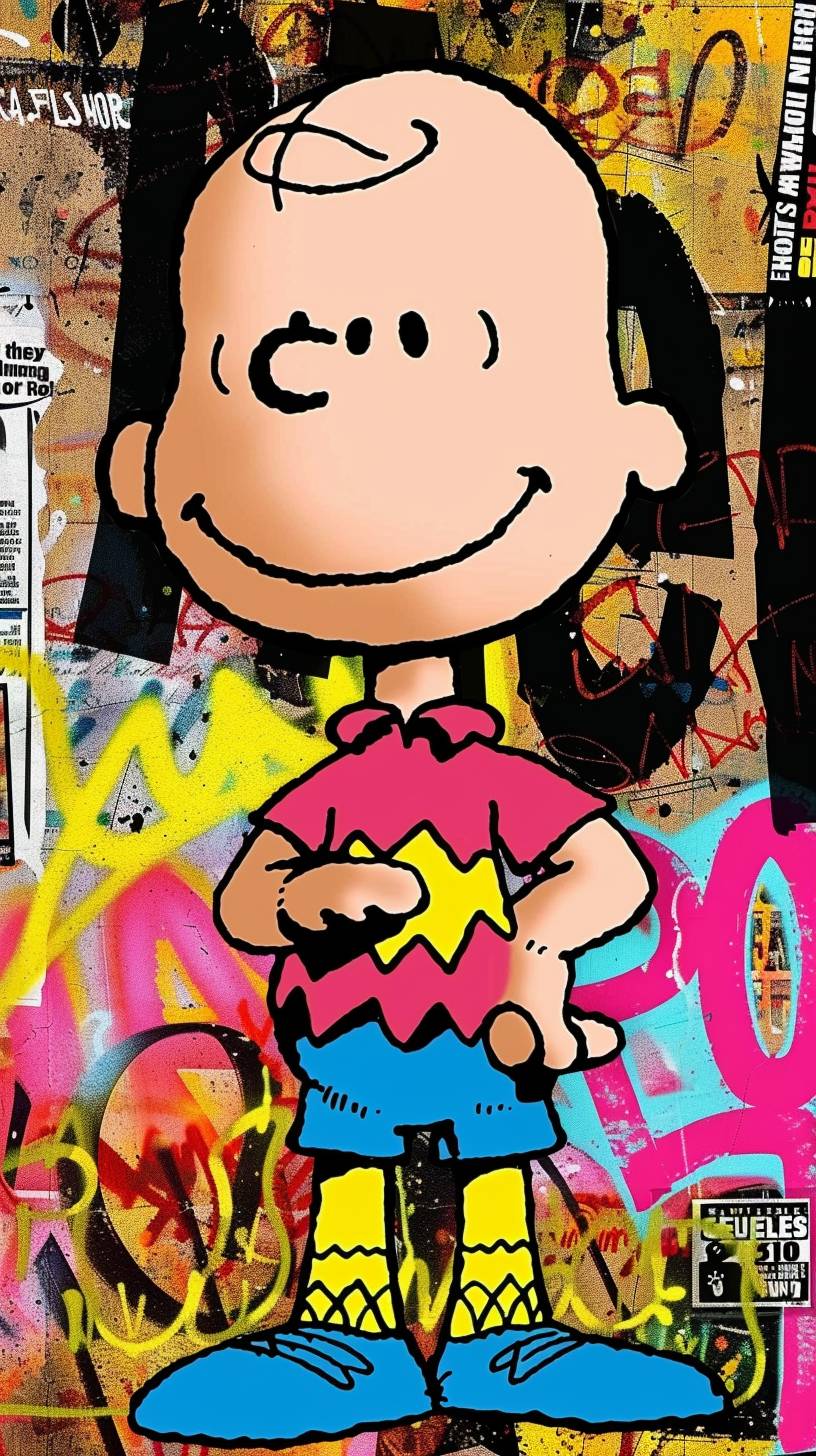 Charlie Brown cartoon character appears on the cover of a magazine, Charlie Brown from 'The Snoopy Show,' featuring a bold and dynamic pose, straight-on angle, with a vibrant graffiti background nearby. The background includes various colorful graffiti elements, magazine headlines, and collage pieces. Bright and contrasting colors with spotlight effects, HD quality, natural look, spray paint details, urban art influence, mixed media collage, vibrant textures, street art inspiration, fashion photography techniques, and a pop art flair.