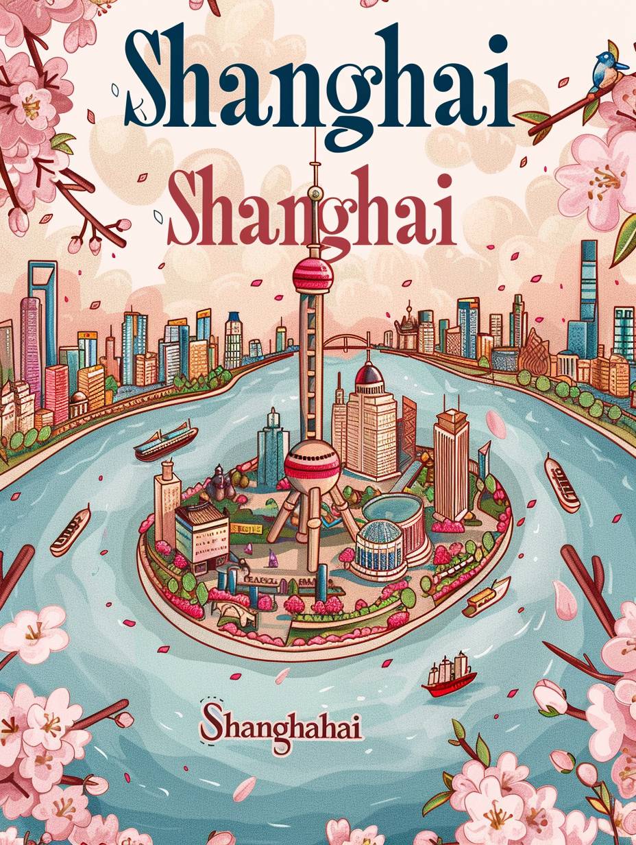 「上海」エリアのインフォグラフィック、春と桜の花、詳細な地図で「上海」、東方明珠テレビ塔、上海タワー、上海金茂大厦、黄浦江が特徴で、「上海」という言葉が明瞭なフォントで、情報グラフィックとしてデザインされています。カートゥーンイラスト、高品質、詳細なデザイン。淡いピンクのトーン。
