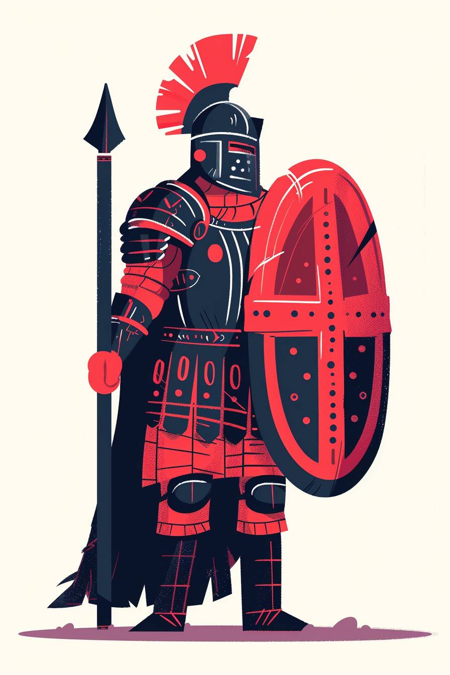 In the style of Gemma Correll, warrior character, full body, flat color illustration