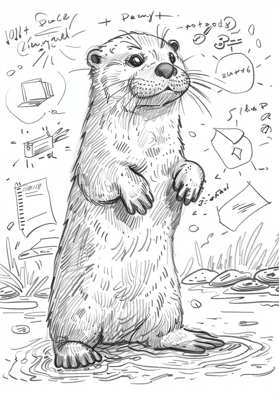 Vector business doodles with diagrams, a playful otter in a river, spiral bound notebook