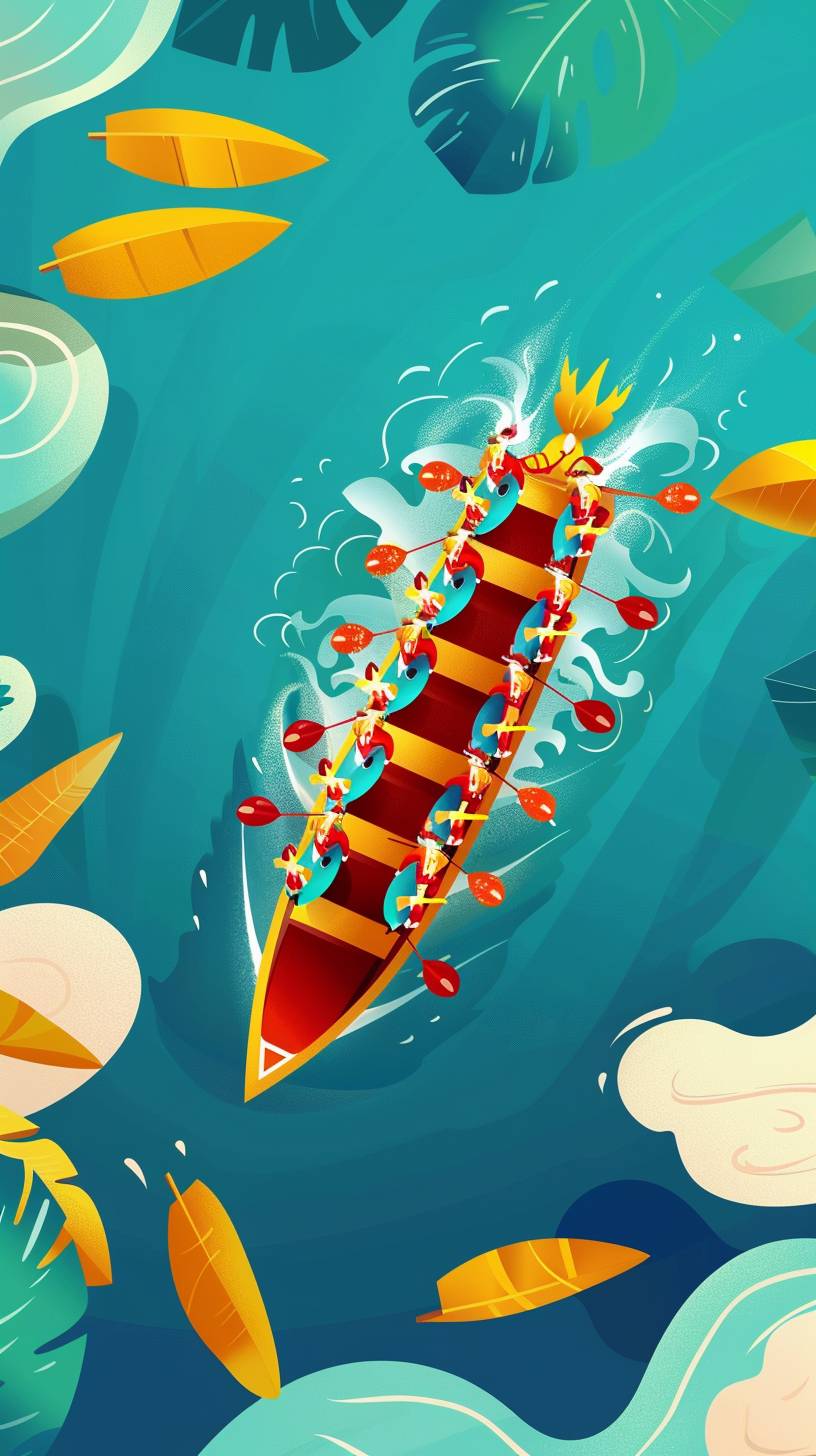 The Dragon-boat racing is in the middle,the water ripples to both sides,spring colors,green tones, with a flat illustration and a bird's-eye view,minimalist style,graphic poster design,flat,no C4D,Flatten illustration,8K --ar 9:16 --stylize 50  --v 6.0