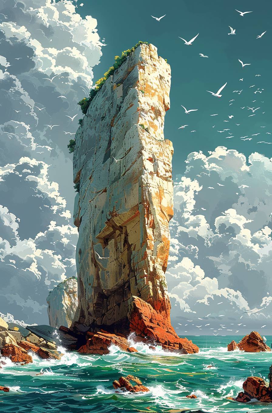 A massive rock in the middle of an ocean, birds flying around it, in the style of Atey Ghailan and J C Leyendecker.