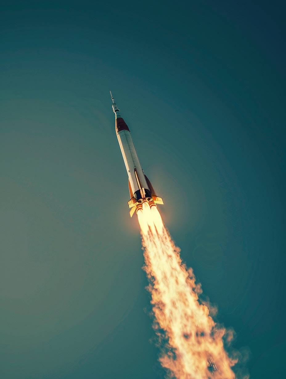 A rocket is seen emerging from the atmosphere, with a deep blue sky, in the style of 32k uhd, industrial photography, warmcore, steel, close up Caravaggesque chiaroscuro, and symmetric composition.