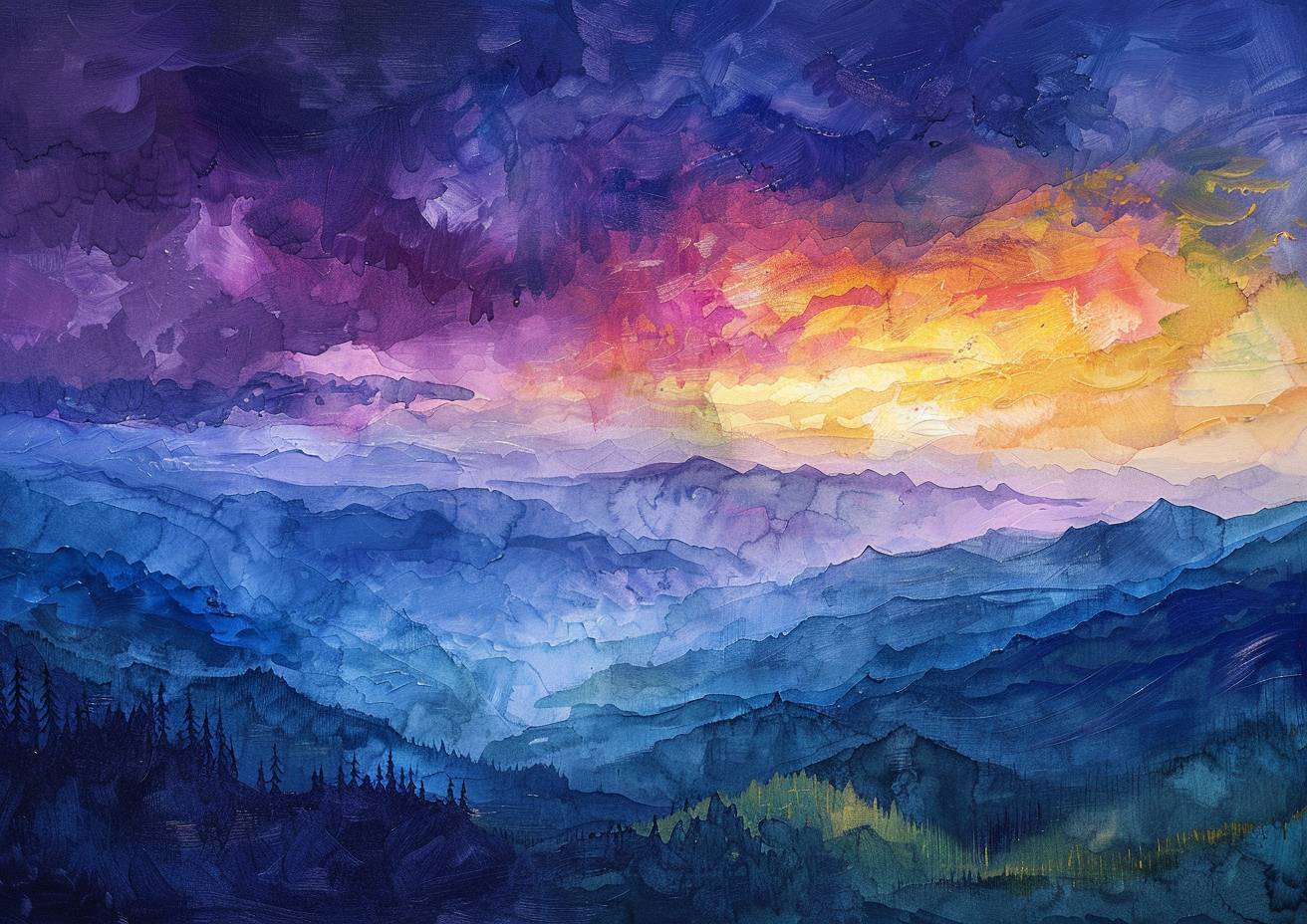 カラフルな多色画、カルパティア山脈に暗い嵐雲が集まり、轟音、ゴールデンハイライト、ウェットオンウェット効果、強い視覚的な流れ