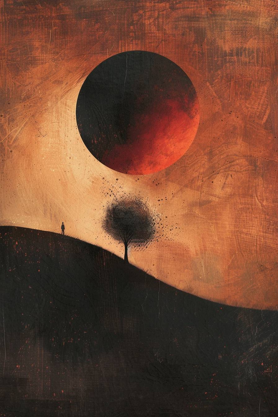 In the style of Jon Klassen, Lunar eclipse casting a shadow over the land